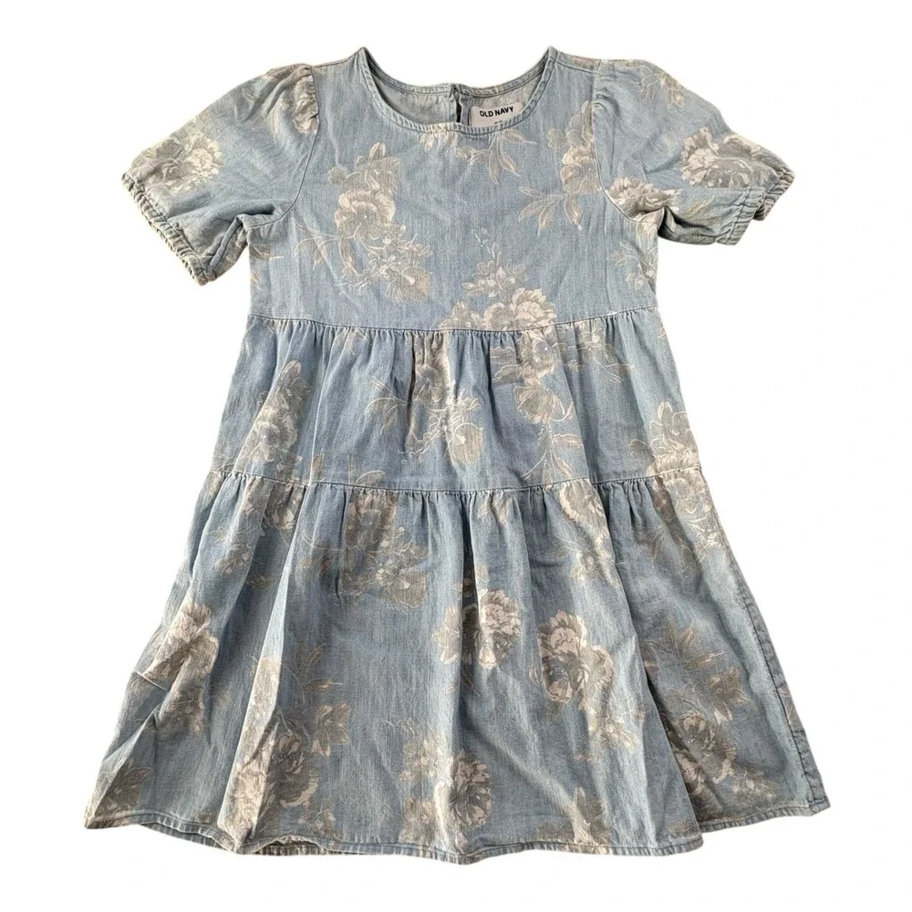 Old Navy Girls Chambray Tiered Dress‎ Size 8 Blue Floral Short Sleeve
